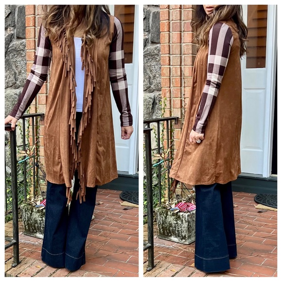 Boho Light faux suede fringed cardigan with plaid sleeves contrast - Picture 2 of 6
